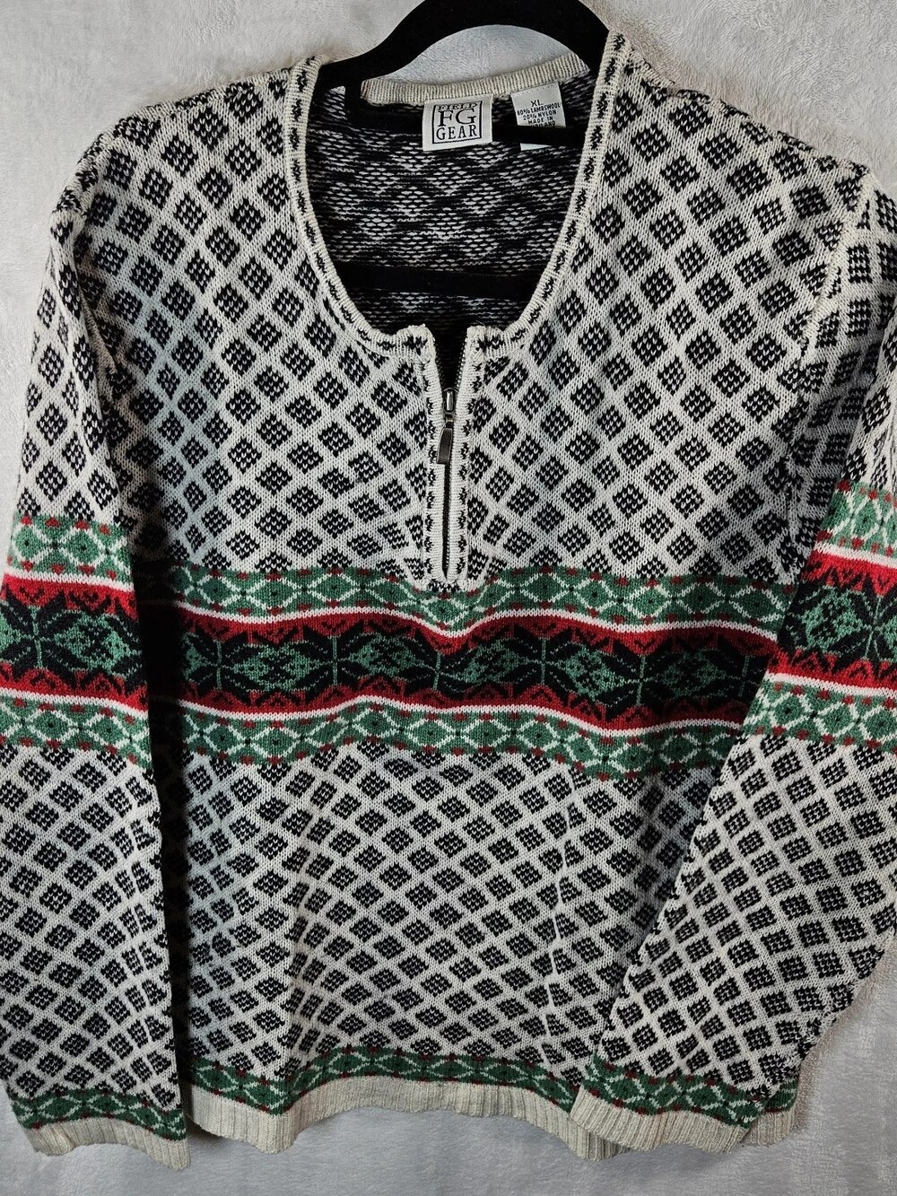 Field Gear Fair Isle 1/4 Zip Pullover Lambswool Cream Womens XL Folk Boho